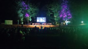 Panoramica notturna dell'allestimento con maxischermo per l'Opera al lago con il Morricone Film History e la musica del grande cinema.