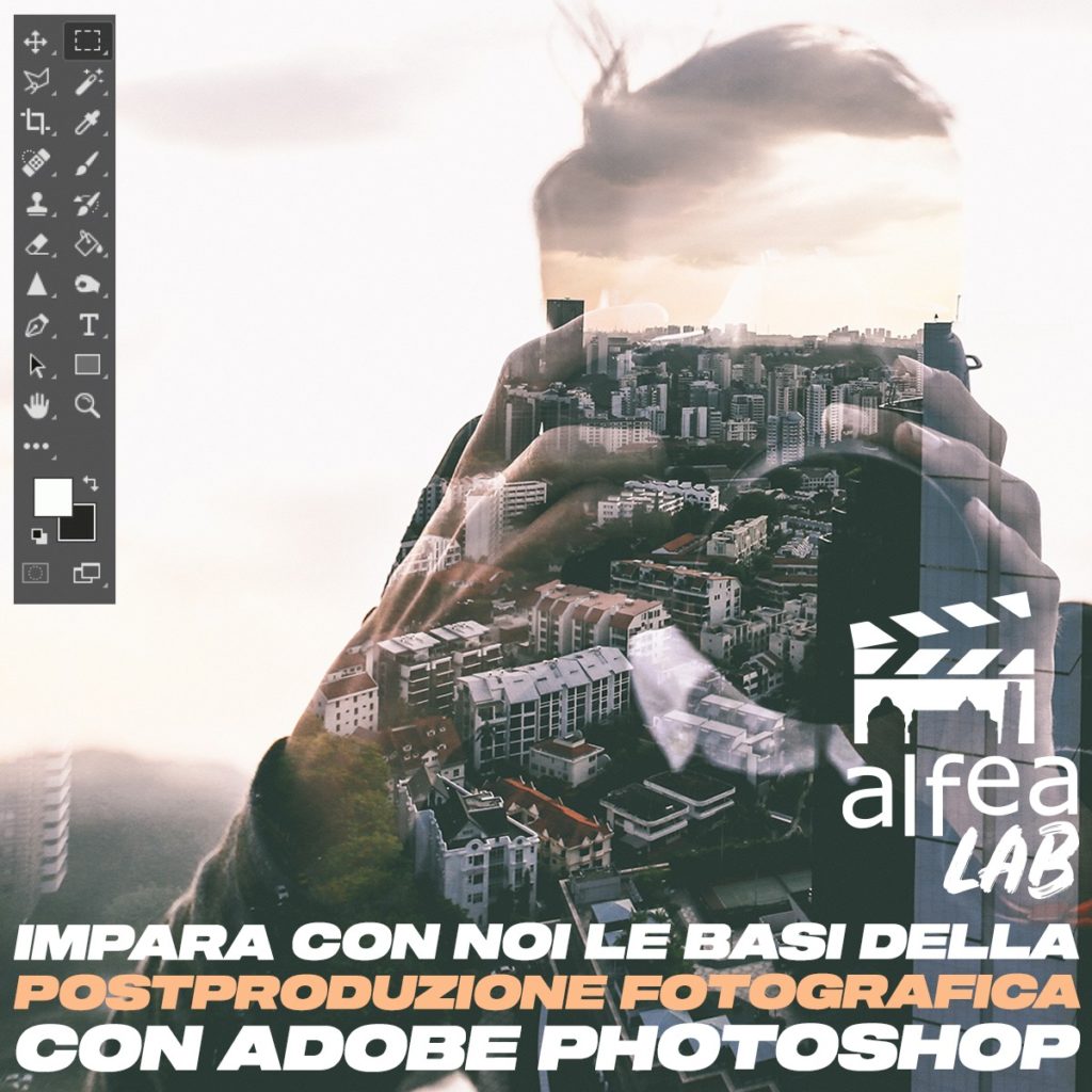 Locandina per il corso di postproduzione fotografica con Adobe Photoshop.